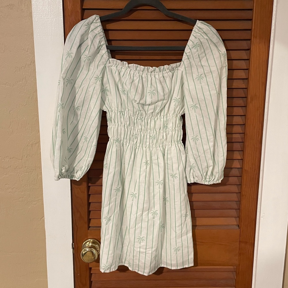 Charlie Holiday Mint Stripe Palm Print Puff Sleeve Dress